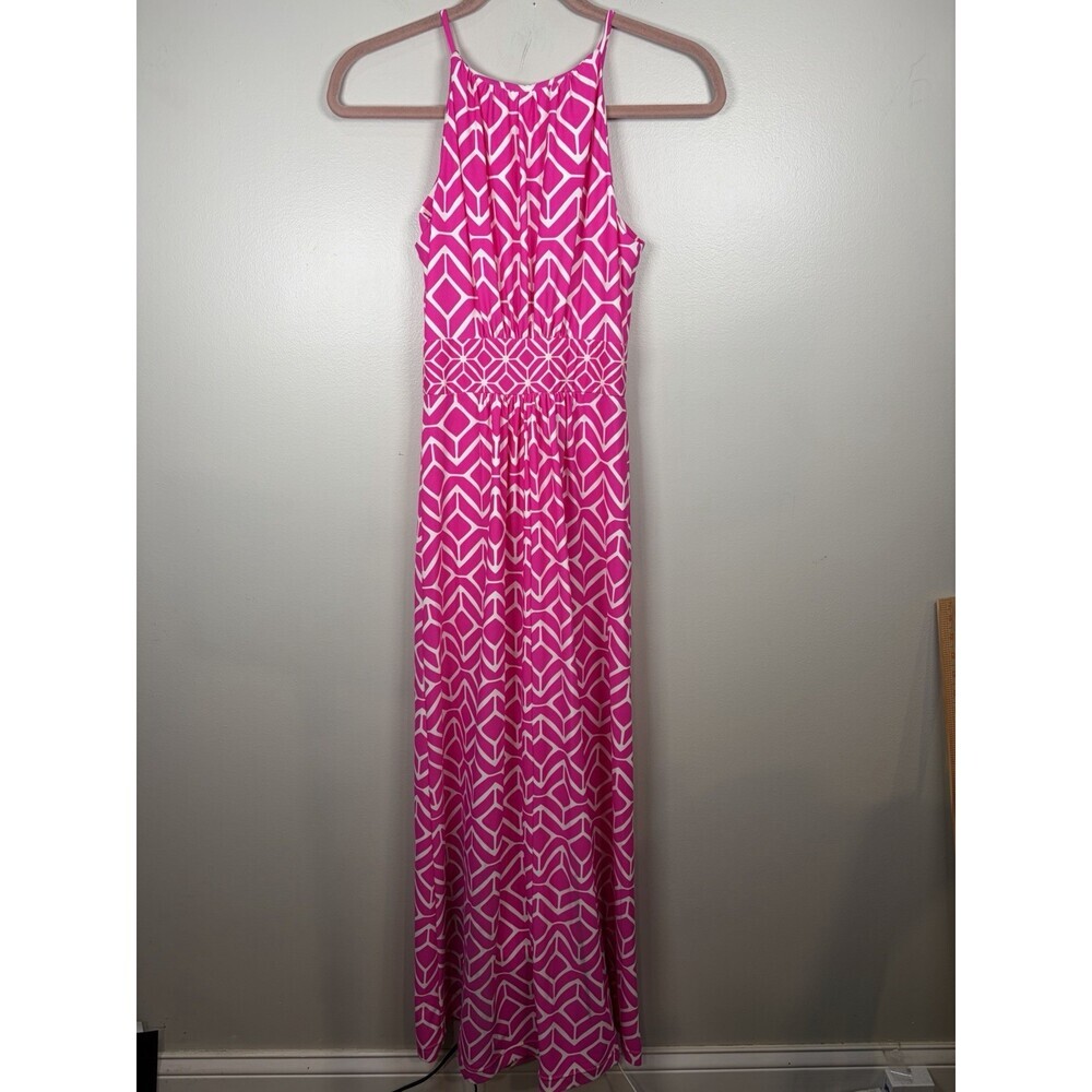 Jude Connally Lisa Maxi Dress Size XS Pink White Geometric Halter Keyhole Stetch - Picture 5 of 6